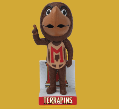 maryland terps bobblehead set against a yellow and red background